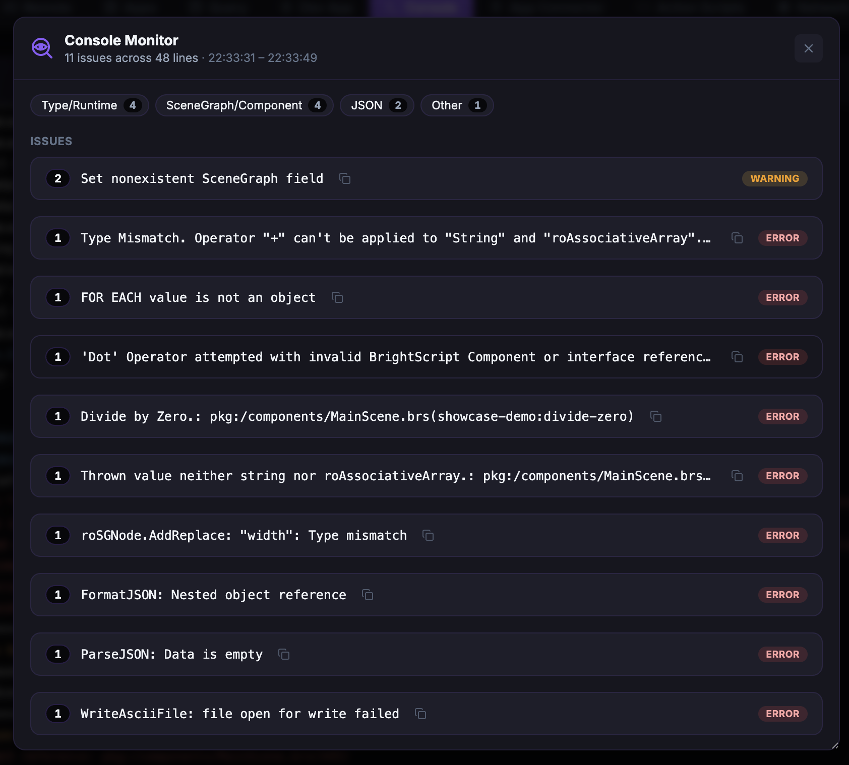 Console Monitor — grouped issues by category with per-group counts