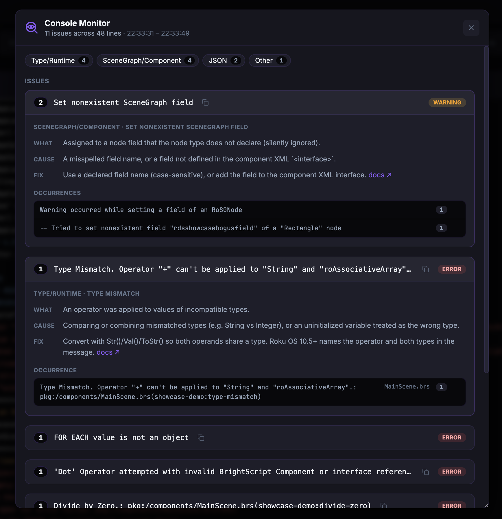 Console Monitor — expanded issue with What / Cause / Fix guidance and occurrences