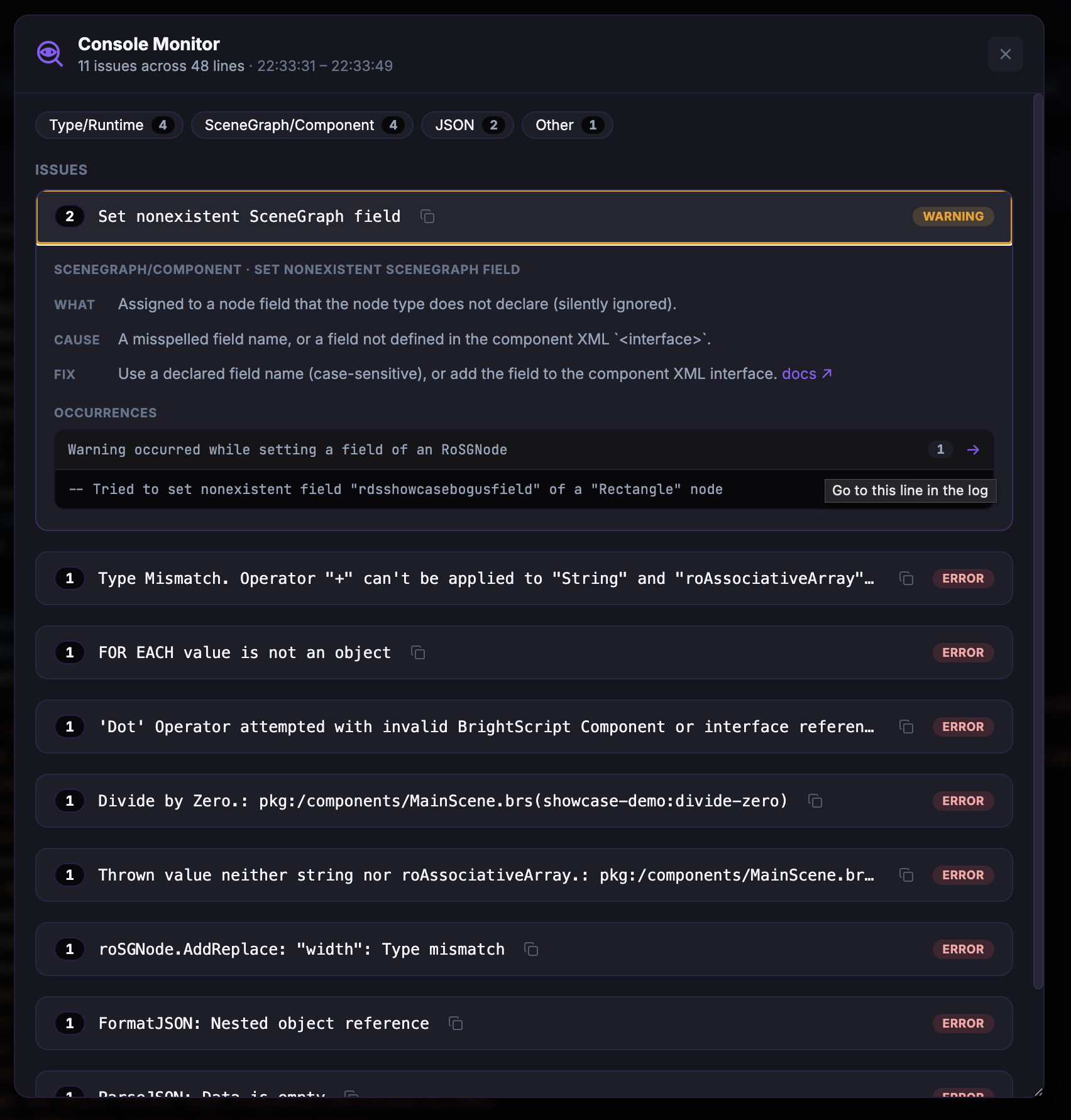 Console Monitor — clicking an occurrence jumps straight to that line in the log