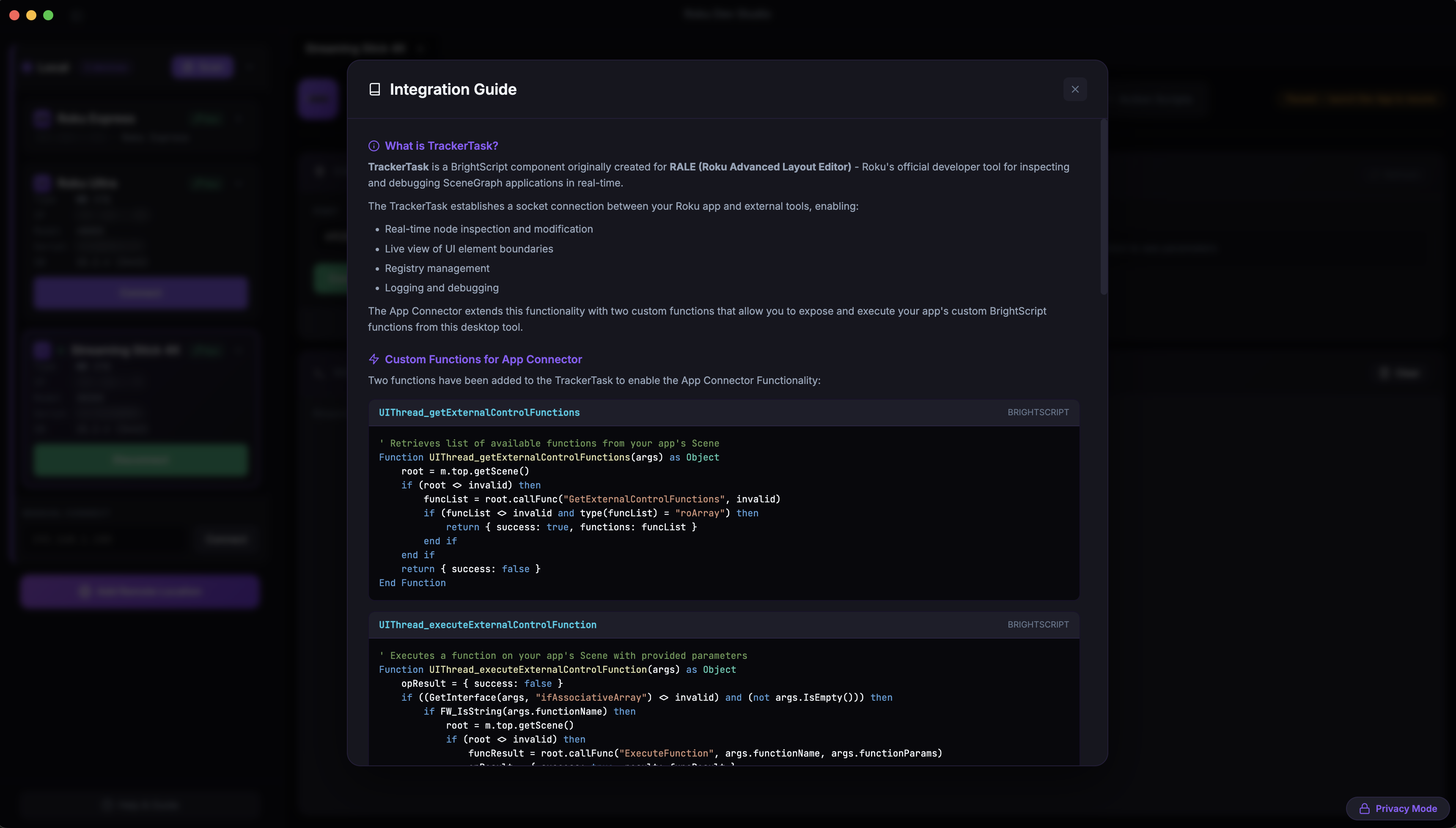 Integration Guide modal