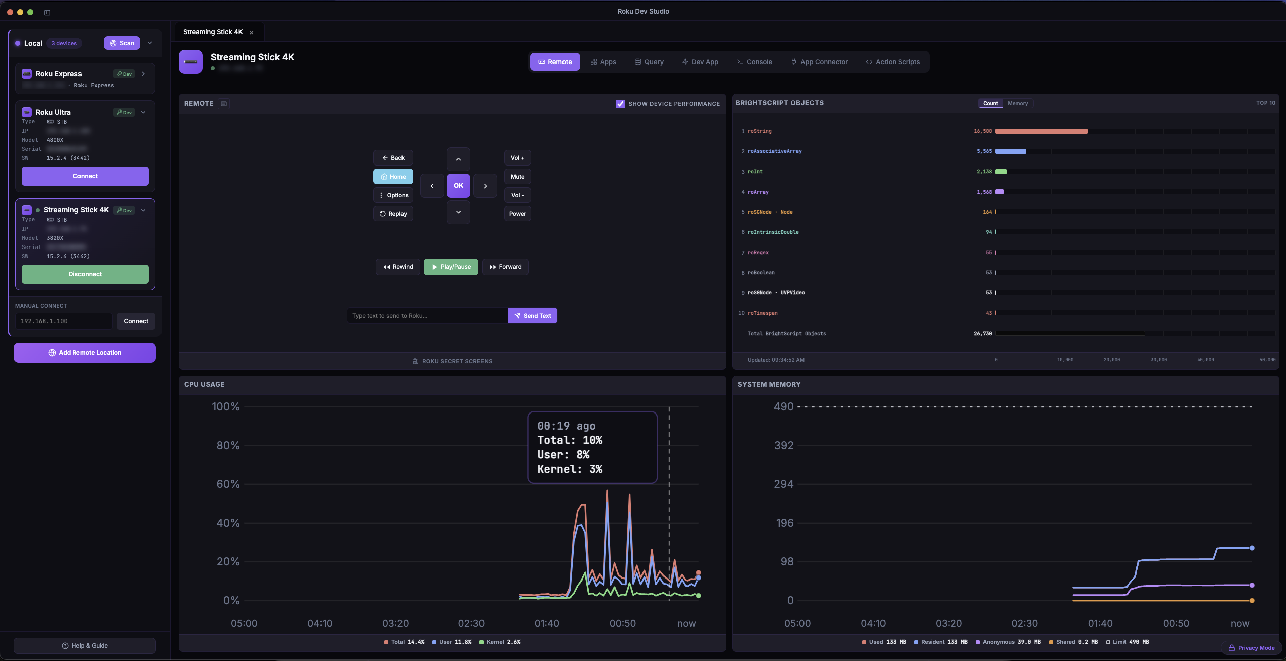 Remote Section with Show Device Performance on — CPU, memory, and object charts