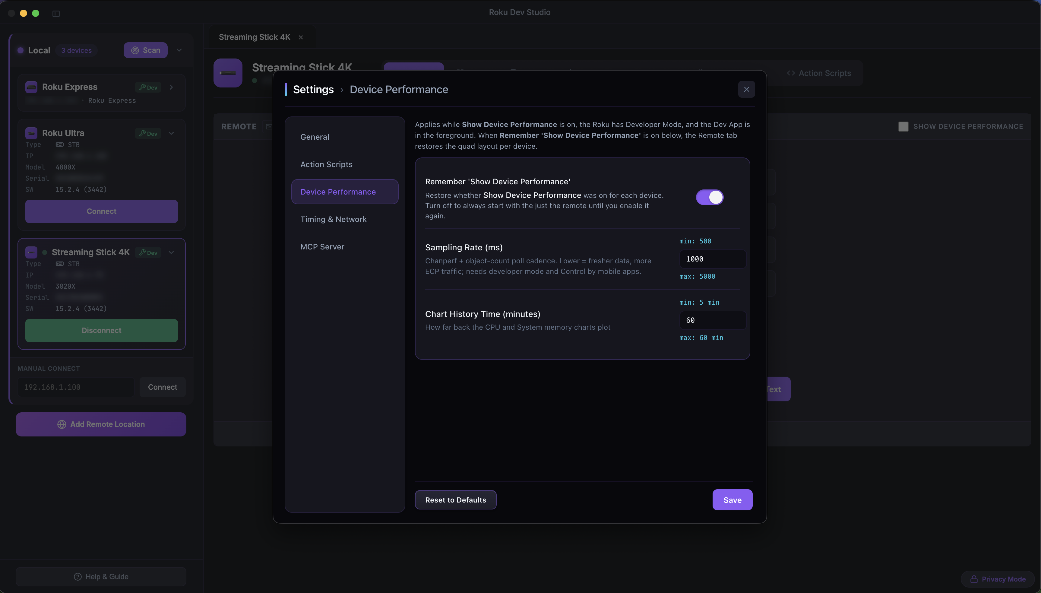 Settings Device Performance