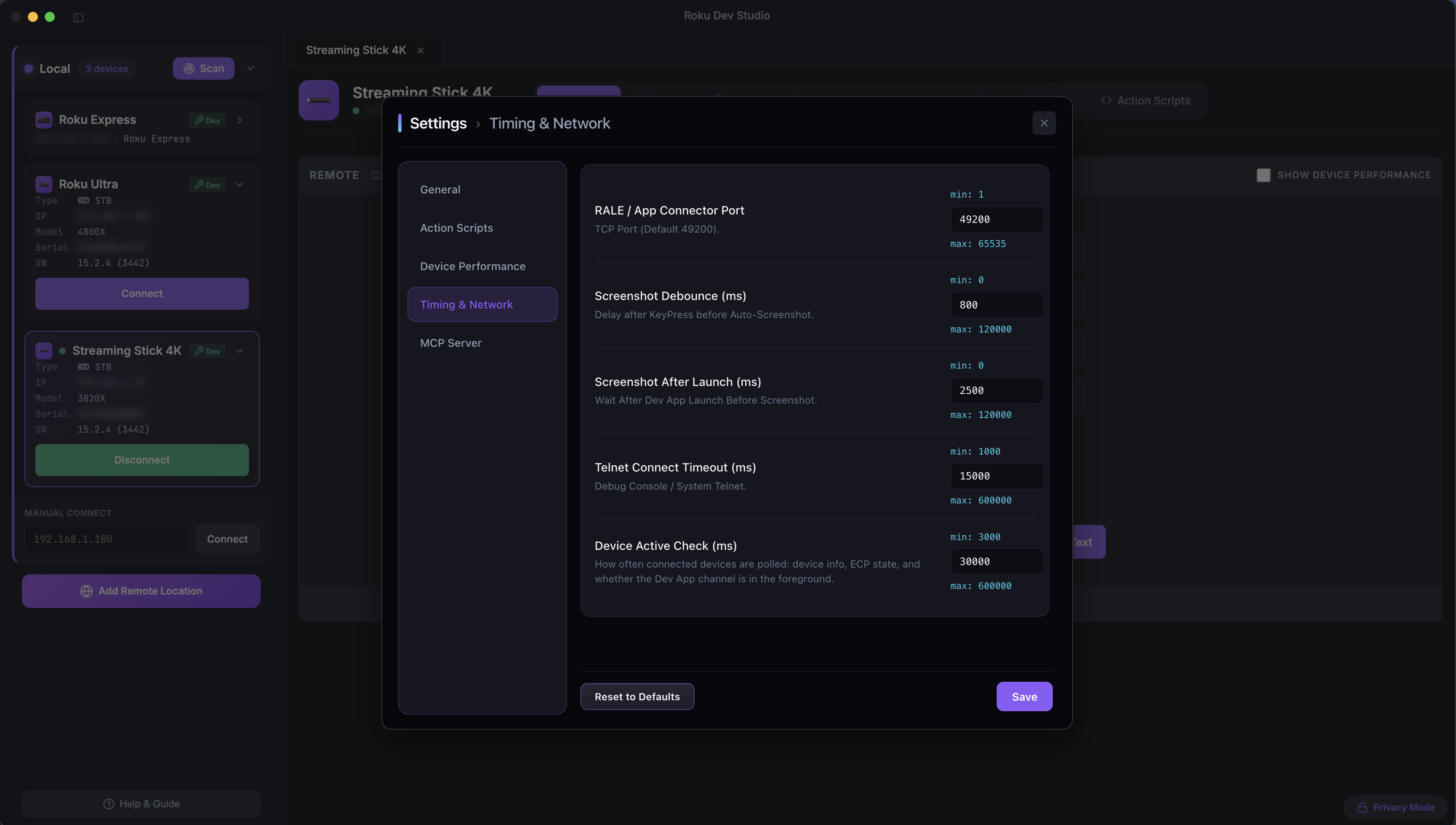 Settings Timing & Network